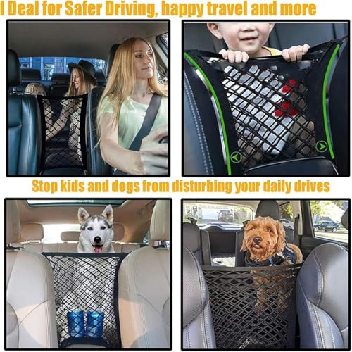 DYKESON Dog Car Net Barrier Pet Barrier with Car Mesh Organizer for Dog & Child, Safety Divider with Upgraded Storage Pouch, Easy Install for Cars & SUVs