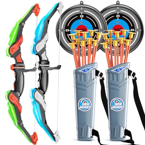 TEMI Bow and Arrow Set for Kids - Archery Toy Set - LED Light Up with Suction Cup Arrows, Target & Quiver, Indoor and Outdoor Toys for Children Boys Girls