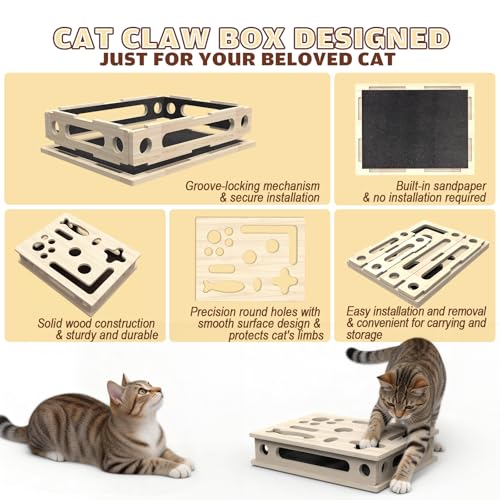 Cat Scratch Puzzle Enrichment Box, Large Solid Wood Construction Cat Nail File Enrichment Box with Sandpaper Inside, Cat Nail File Box Stress Free Alternative to Clippers and Grinders(No Bell Ball)
