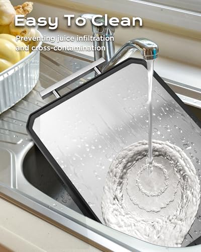 SNOWCLAD Stainless Steel Cutting Board,Double Sided Steel Bread Boards for kitchen,Stainless Steel/Wheat straw pp Large Board for meat,non toxic Chopping,16 * 11 Inch,Dishwasher Safe