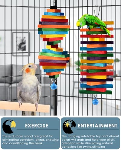 Bissap 2 PCS Bird Chew Toys, Multicolored Bagel Cascade Bird Parrot Chewing Sticks Biting Wooden Blocks Toy for Small Medium Conure Parakeet Cockatiels Lovebird Similar Sized Pet Birds