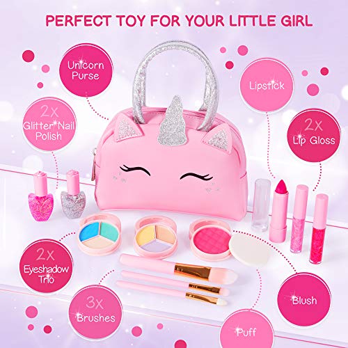 Kids Real Makeup Kit with Pink Unicorn Purse, Non Toxic Washable Make Up Set - Unicorn Toys for Girls Age 4-6, 5 Year Old Girl Birthday Gift Ideas, Toddler Little Girl Gifts 3 4 5 6 7 8 9 10 Years Old