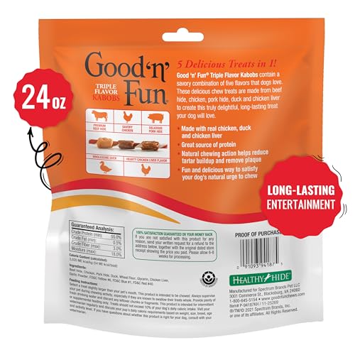 Good ‘n’ Fun Triple Flavor Kabobs Chews for All Dogs, 24 Ounces, Treat Your Dog to Long-Lasting Chews Made from Beef Hide, Real Chicken, Pork Hide, Duck and Chicken Liver