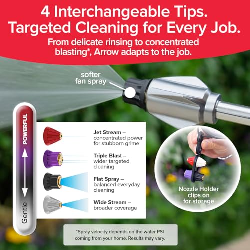 Pocket Hose Arrow, AS SEEN ON TV, Customizable Spray Nozzle from Powerful Jet Stream Cleaning to Gentle Garden Watering, Flow Force Tech, 4 Precision Tips, Rust-Resistant, Non-Slip Grip, Car Wash