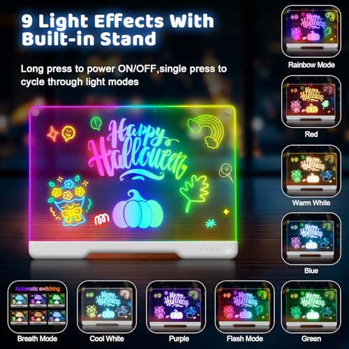 16-Inch Rechargeable LED Drawing Board, 9-Color Light Modes, Neon Art Dry Erase Light Up Doodle Glow Pad with Built-in Stand, Sketching Gift Toy for Kids/Girls/Teens, 7 Markers & Tracing Book