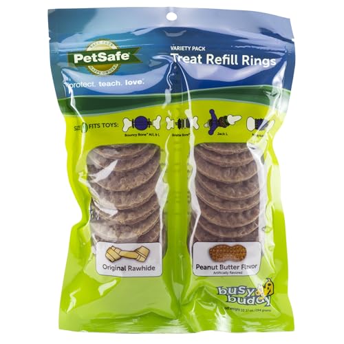 PetSafe Rawhide Treat Ring Refills, Variety Pack, Size C, Original Rawhide and Peanut Butter Flavor, Replacement Treats Busy Buddy Treat Ring Holding Toys