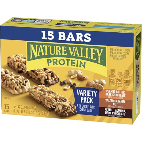 Nature Valley Protein Bars Variety Pack, Gluten Free Chewy Granola Snack Bars, 10g Protein, Peanut Butter Dark Chocolate, Salted Caramel Nut, Peanut Almond Dark Chocolate, 15 Count, 21.3 oz Box