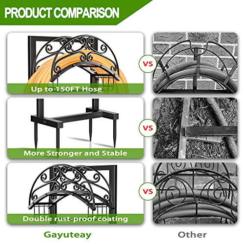 Gayuteay Garden Hose Holder – Water Hose Reel Stand with Storage Basket Holds 151ft, Heavy Duty Freestanding Garden Hanger Storage Rack for Outside Yard Lawn Farm