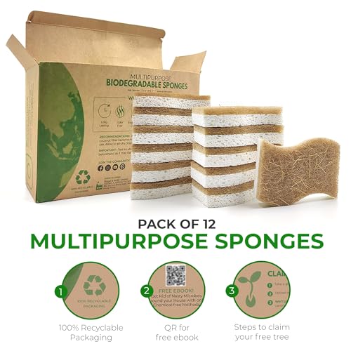 AIRNEX Natural Kitchen Sponges (12 Pack) - Biodegradable Cellulose & Coconut Scrubber Dish Sponges for Kitchen - Eco-Friendly, Non Scratch, Compostable, Non Toxic S-Shaped Natural Sponges for Dishes