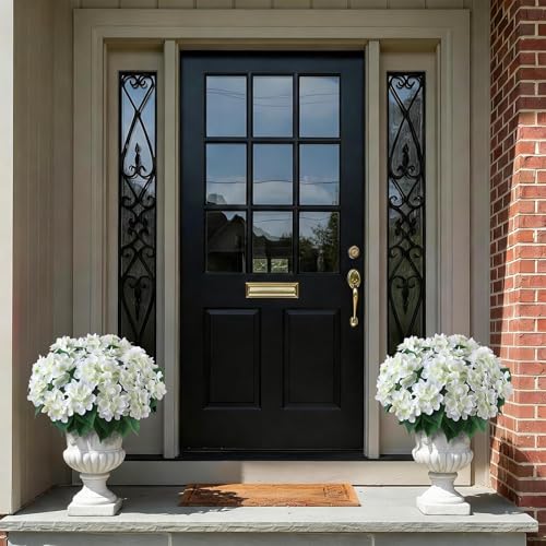 FOTEEWL 16 Bundles Artificial Hydrangea Flowers for Outdoor Decor, Realistic Faux Silk Bouquets Sun-Resistant Fake Plants for Front Door Balcony Farmhouse Garden Home Spring Summer Decor (White)