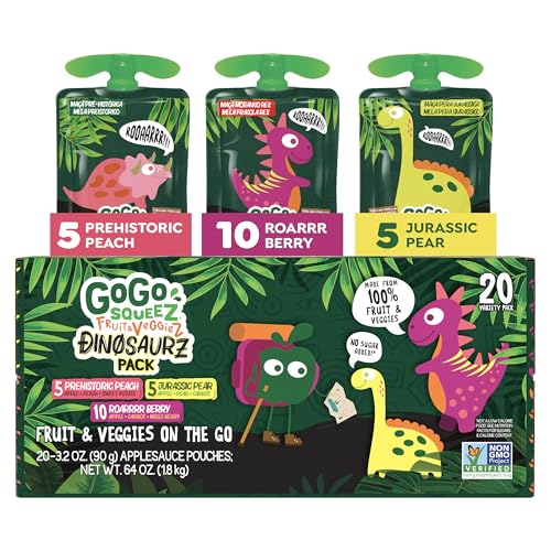 GoGo squeeZ No Sugar Added Fruit & veggieZ Applesauce and Puree Variety Pack, Jurassic Pear, Roarrrr Berry & Prehistoric Peach, 3.2 oz Pouches (Pack of 20), Fruit Snacks for Kids, Gluten Free, Nut Free, Recloseable Cap, BPA Free