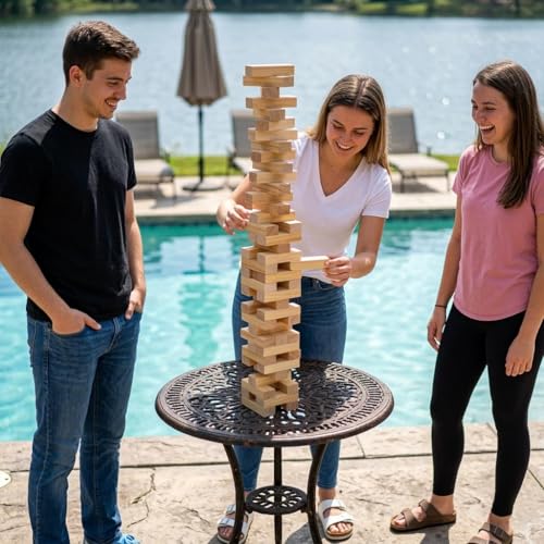 Outdoor Games Large Wooden Tower Stacking Game - 54 Premium Pine Blocks Stack up to 4FT with Custom Rules Board & Heavy Duty Carry Bag - Outdoor Lawn Games for Backyard Parties, Camping, Tailgating