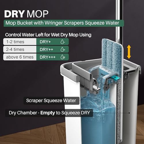 JOYMOOP Mop and Bucket Set, Hands-Free Flat Floor Mop and Bucket, 5 Washable Microfiber Pads, Wet and Dry Use, Ideal for Household and Commercial Floor Cleaning