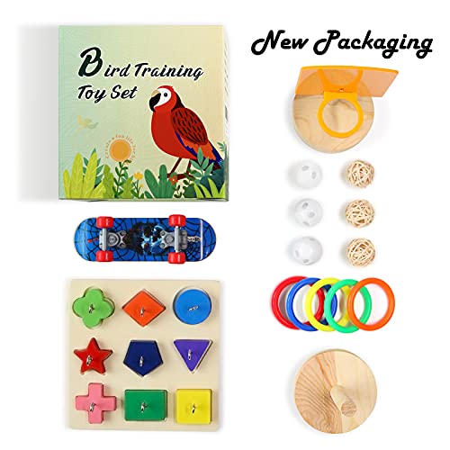 Bird Toys,Parrot Training Toys for Lovebird,Five-Types Parakeet Toys Sets for Conure, Cockatiel,12 PCS Parrot Intelligence Toy,Basketball Hoop,Skateboard,Stacking Toys,Wooden Block Bird Puzzles Toy