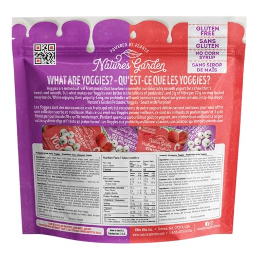 Nature's Garden Probiotic Yoggies Multi Pack, 21oz (Strawberry 15x0.7 oz + Mixed Berry 15x0.7 oz) Yogurt Covered Healthy Snack, High Fiber, Real Fruit Pieces, No Artificial Ingredients, for Adults