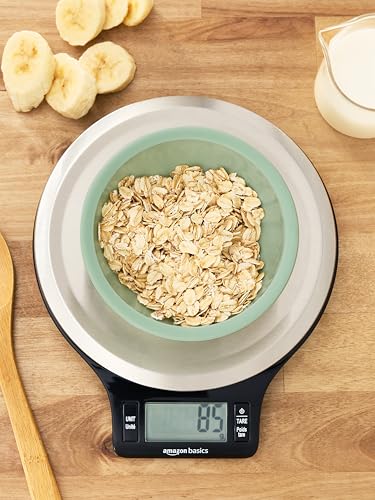 Basics Digital Kitchen Scale with LCD Display, Tare Function, Multiple Units, Weighs up to 11 Pounds, Batteries Included, Black and Stainless Steel