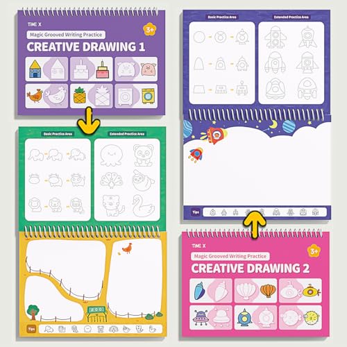 TIME X Magic Grooved Writing Practice Books, Reusable 3D Groove Handwriting Practice Workbooks for Kids Ages 3-8, Large Preschool Writing Books with Disappearing Ink for Kids 5-7 (Practice 6-Books)