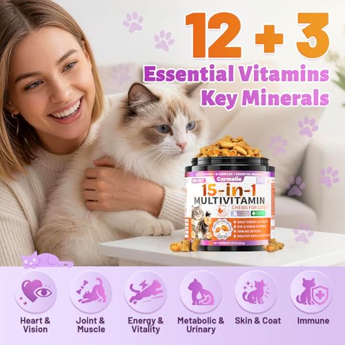 Taurine for Cats Vitamins Treats, 15 in 1 Cat Multivitamin Support Joint, Skin Coat, Digestion, Immunity & Energy, 500 Crunchy & Creamy Chews with Essential Vitamin for Cats All Ages (90-Day Supply)