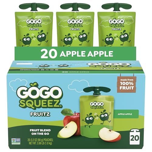 GoGo squeeZ No Sugar Added Applesauce and Fruit Puree, Apple, 3.2 oz Pouches (Pack of 20), Fruit Snacks for Kids, Gluten Free, Nut Free, Recloseable Cap, BPA Free