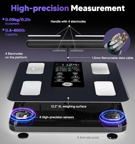 GE Smart Scale for Body Weight: 8-Electrode Digital Bathroom Scale for Weight Fat BMI Muscle Mass Full Body Composition Analyzer 50 Measurements Bluetooth Highly Accurate Weighing Machine 400lb Black