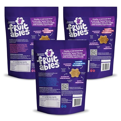 Fruitables Cat Treats - Crunchy Treats for Cats - Healthy Low Calories Packed with Protein - Free of Wheat, Corn and Soy - Made with Real Salmon, Tuna, Chicken - 2.5 Oz (3 Pk)