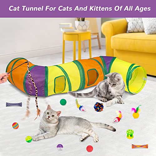 Retro Shaw Cat Toys Pack 33Pcs, Interactive Kitten Toys for Indoor Kittens Cats, Collapsible Kitty Play Tunnel Tent Feather Wand Balls Bell Springs Mouse Kitty Toys for All Breeds (2 Tunnel)