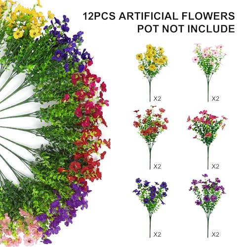 Artificial Faux Flowers Plants for Outdoors Outside Spring Summer Decoration,12 Bundles Silk Daisy Realistic Fake Flowers Plant Greenery UV Resistant for Planters Porch Patio Garden Home(6 Multicolor)