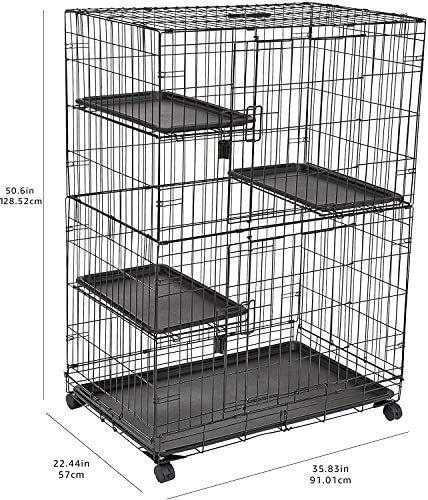 Basics Large 3-Tier Cat Cage Playpen with Easy to Clean Removable Tray, Front Doors, Portable, Foldable, 35.8" x 22.4" x 50.6", Black