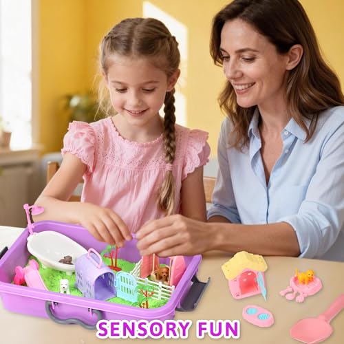 Carolart Pet Sensory bin,Dog and Cat Sandbox for Kids,Kids Play Sand Kit,Pet Play Set with Sensory Sand,Pet Care Play Set,Role Pretend Play Beach Toy Birthday Gift for Girls Boys 3 4 5 6 Years Old
