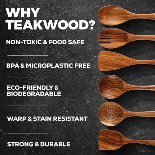 Zulay Kitchen 6 Piece Wooden Spoons for Cooking – Natural Teak Wooden Utensil Set, Easy to Clean, Durable, Smooth with Comfort Grip - Non Toxic Wooden Cooking Utensil Sets