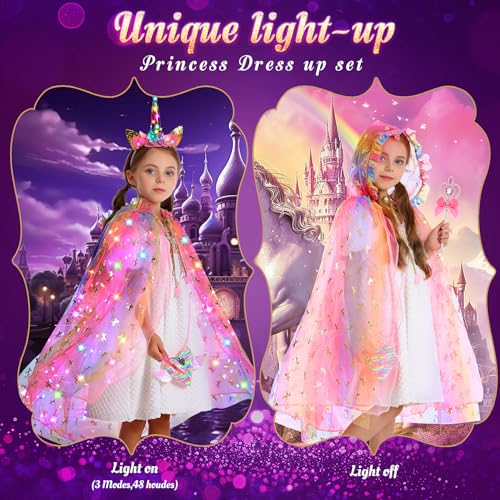 Fedio Princess Dress up for Girls,Unicorn Light up Princess Cape Set,Light up Princess Dress with Unicorn Toys for Girls 3-8