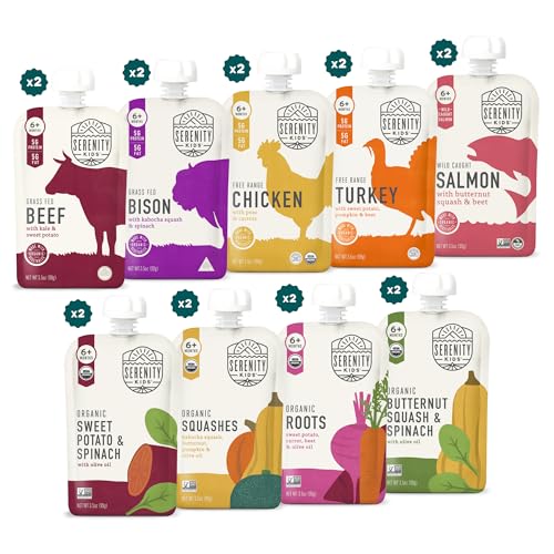 Serenity Kids 6+ Months Baby Food Puree Pouch - 5g Protein-Packed Toddler Snacks - Organic Meat & Veggie Food Pouches - Recyclable Containers for Toddler Meals - 3.5 Oz, Pack of 18