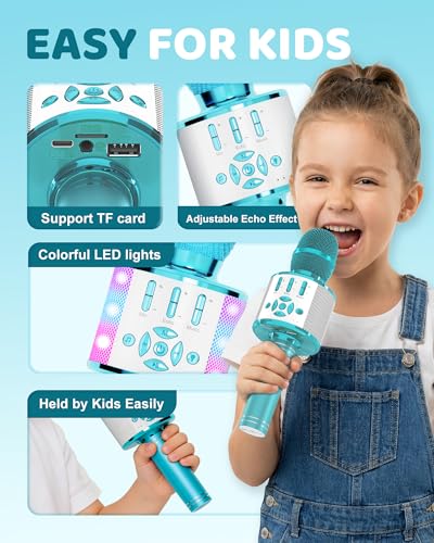 Amazmic Kids Karaoke Microphone Machine Toys for Girls Bluetooth Microphone with LED Light, Children's Day Birthday Gift for Girls Boys 3 4 5 6 7 8 9 10 11 12 Year Old Kids Toys(Blue)