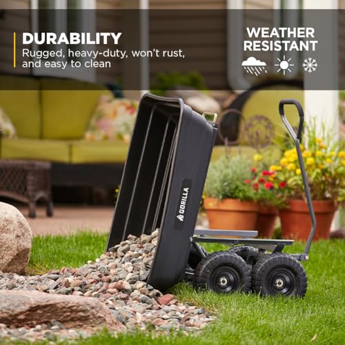 Gorilla Carts Poly Garden Dump Cart, 4 Cu Ft Tub, 600 lb Haul Capacity, Black – Heavy-Duty Utility Wagon with Quick-Release Dumping & Pneumatic Tires for Yard, Landscaping and Gardening