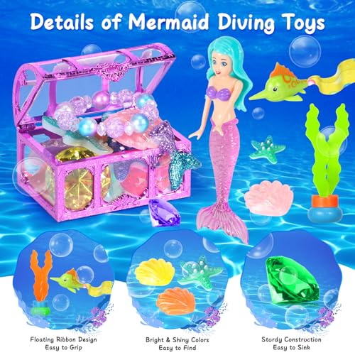 VGOFUN Diving Pool Toys for Kids Ages 3-12, 31 Pcs Mermaid Pool Toys, Diving Gem Toys with Pirate Treasure Chest, Summer Underwater Game Toys Swimming Training Gift for Boys Girls with Storage Bag