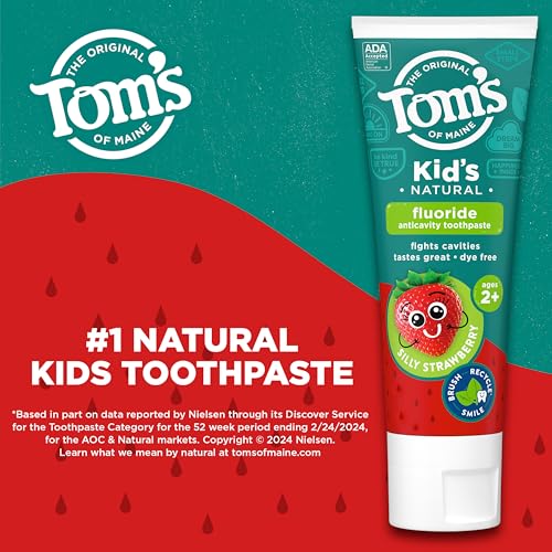 Tom's of Maine Fluoride Kids Toothpaste, Natural Toothpaste, Dye Free, No Artificial Preservatives, Silly Strawberry, 5.1 oz. 3-Pack (Packaging May Vary)