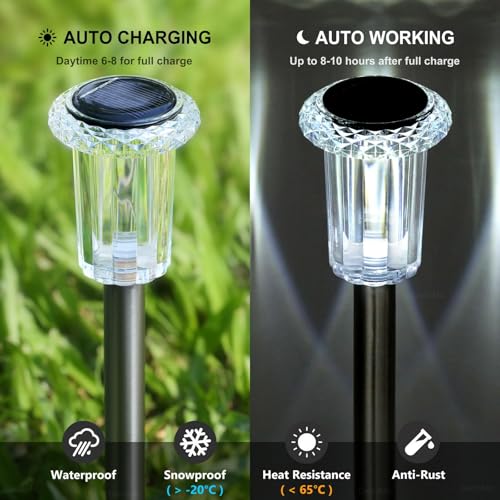 DenicMic Solar Lights Outdoor 10 Pack Waterproof 6000K Cold White LED Stainless Steel Stake Outside Lights for Yard Pathway Garden Driveway Walkway Landscape Path Lighting