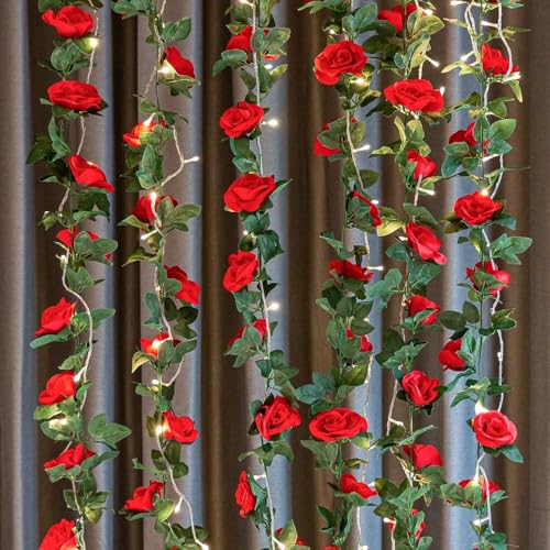 SWSTINLING 2 Pack 16FT Artificial Rose Garland Vine - Silk Fake Red Rose Flower Hanging Vine for Wedding Arch Home Wall Decor Valentine's Day Mother's Day Derby Day Party Decoration