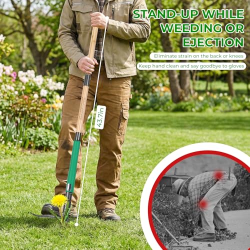 Weed Puller Tool with 2 Weed Eject Feature, 43.7in Stand Up Dandelion Remover Tool, Real Bamboo Handle and Metal 4 Claw & Foot Pedal, Heavy Duty Garden Weeder