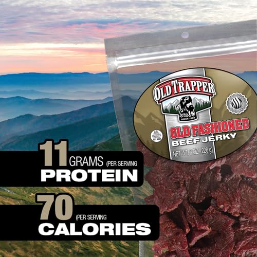 Old Trapper Beef Jerky, Old-Fashioned 8 Ounce Bag, Tender Meat Snacks for Lunches or Between Meals, 11 Grams of Protein, Zero Grams of Fat, and 70 Calories per Serving (Pack of One)