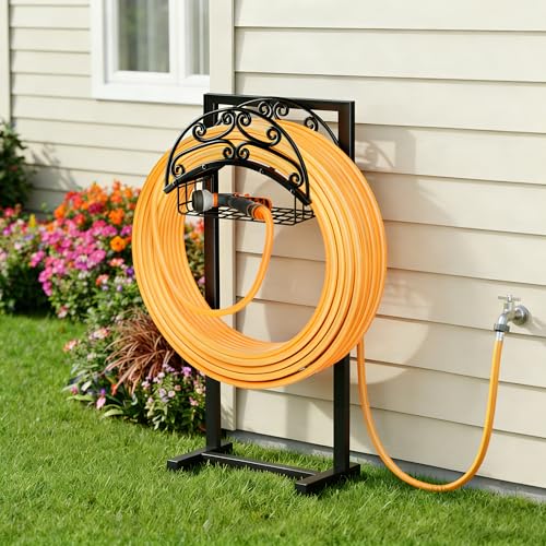 Gayuteay Garden Hose Holder – Water Hose Reel Stand with Storage Basket Holds 151ft, Heavy Duty Freestanding Garden Hanger Storage Rack for Outside Yard Lawn Farm