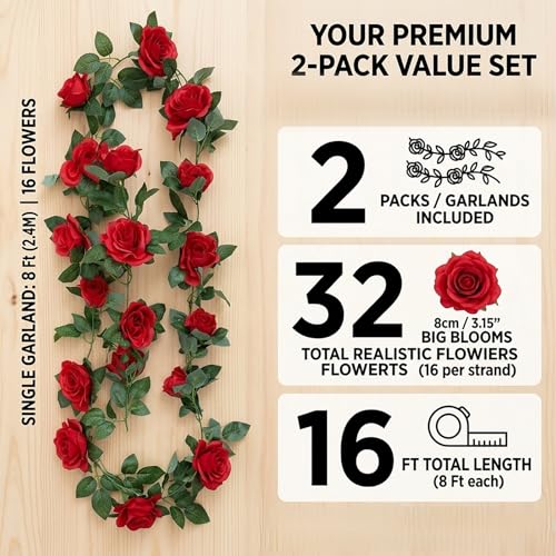 SWSTINLING 2 Pack 16FT Artificial Rose Garland Vine - Silk Fake Red Rose Flower Hanging Vine for Wedding Arch Home Wall Decor Valentine's Day Mother's Day Derby Day Party Decoration
