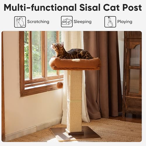 FUKUMARU Cat Scratching Post, Retro-Style Tall Scratch Posts with Perch for Infoor Cats Adults, Large Cat Scratcher Tower with Bed, Natural Sisal & Solid Wood
