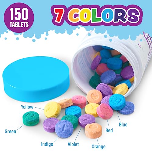 Tub Works® Bath Color Fizzies, 150 Count | Nontoxic & Fragrance-Free | Fizzy, Bath Color Tablets for Kids | Create Colorful Water Water Tablets in 7 Colors for Variety | Bath Bombs for Kids Bathtub