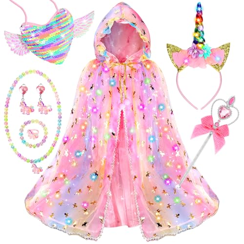 Fedio Princess Dress up for Girls,Unicorn Light up Princess Cape Set,Light up Princess Dress with Unicorn Toys for Girls 3-8