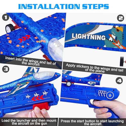 LJZJ 3 Pack Airplane Launcher Toys, 2 Flight Modes LED Foam Glider Catapult Plane, Outdoor Flying Toy for Kids, Birthday Gifts for Boy Girl 3+ Year Old, B-Day Party Supplies