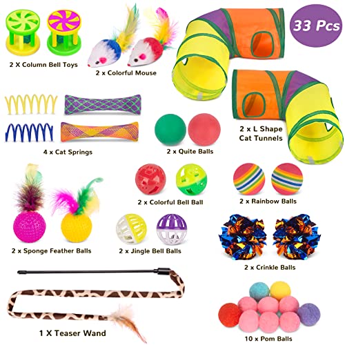 Retro Shaw Cat Toys Pack 33Pcs, Interactive Kitten Toys for Indoor Kittens Cats, Collapsible Kitty Play Tunnel Tent Feather Wand Balls Bell Springs Mouse Kitty Toys for All Breeds (2 Tunnel)