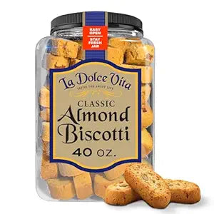 La Dolce Vita Classic Almond Italian Biscotti Cookie Snacks with Whole Almonds, 40 oz. Jar, 30 Servings (Pack of 1)