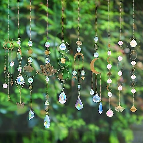 Sun Catchers, 10 Pieces Colorful Crystal Suncatcher with Chain Pendant Ornaments Hanging Crystals Prism Rainbow Maker for Windows Indoor Outdoor Car Mirror Garden Decor Wedding Party Xmas Gift