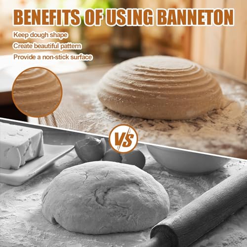 Dimpola Banneton Bread Proofing Basket - 9 inch Banneton Basket Set of 2 Sourdough Proofing Basket Round Proofing Bowls Handmade Rattan Baskets and Liners
